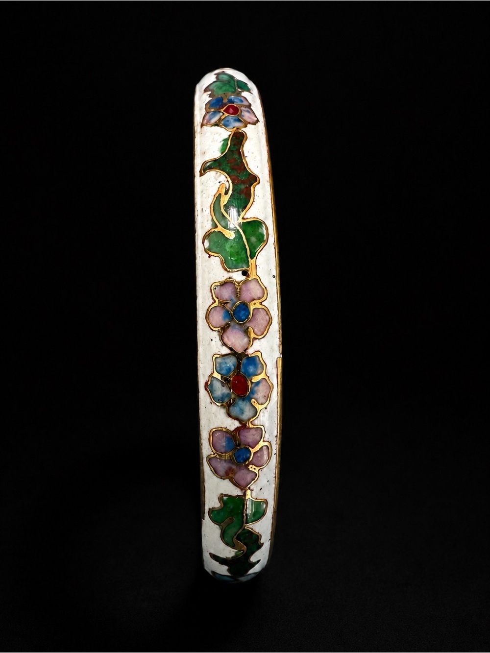 Vintage Chinese White Cloisonné Floral Bangle Bracelet Green, Pink Accents 2.5”